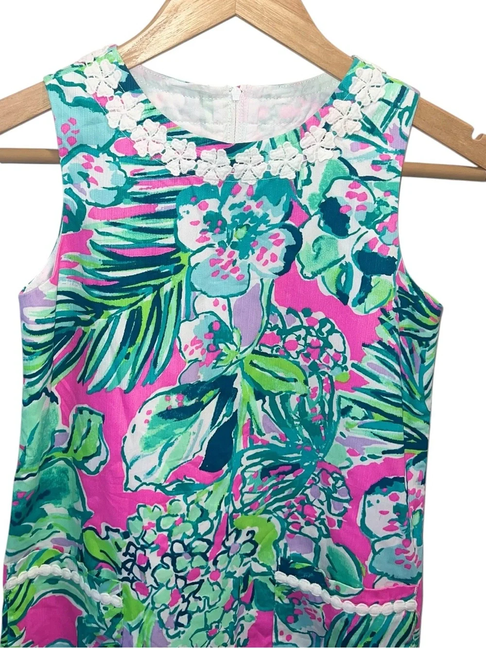 Lilly Pulitzer Girls Tropical Floral Shift Dress White Lace Trim Size 8